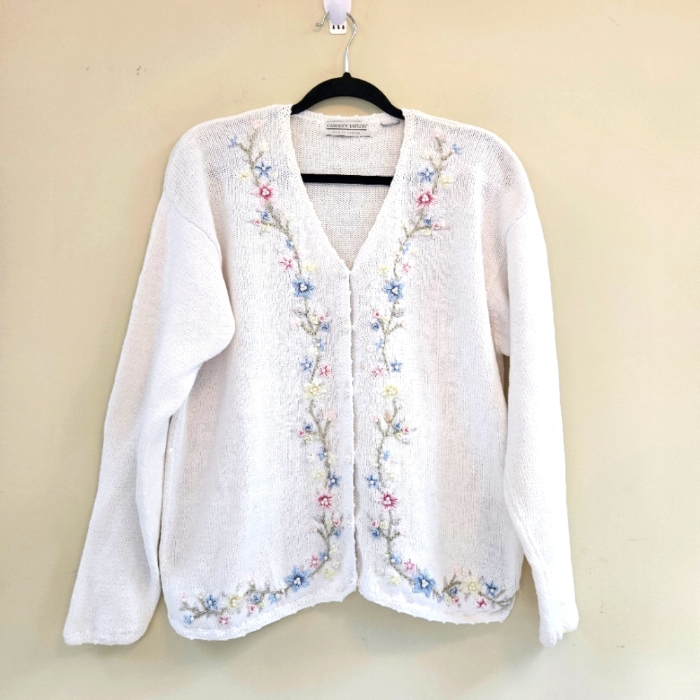Vtg Floral Embroidered Sweater Cardigan Womens Sz L Cottagecore Granny Chic